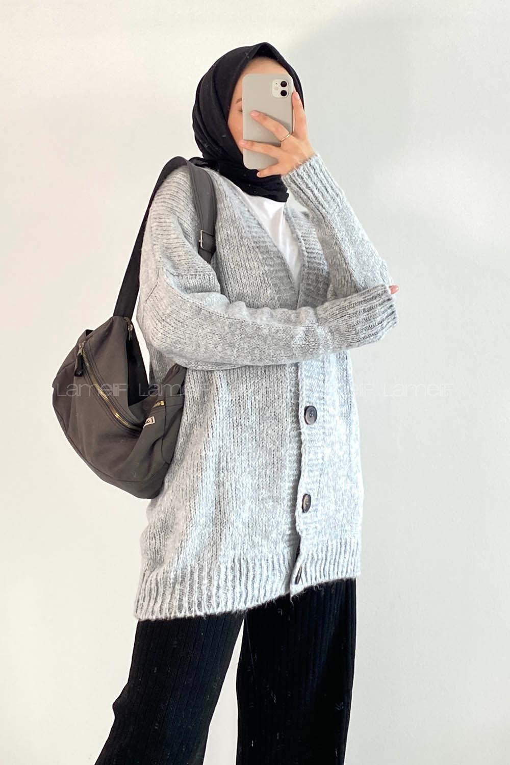 Modalamelif V Yaka Boydan Düğmeli Oversize Triko Hırka Gri