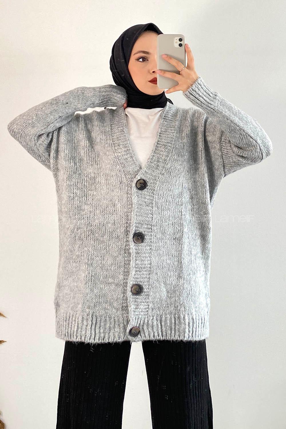 Modalamelif V Yaka Boydan Düğmeli Oversize Triko Hırka Gri