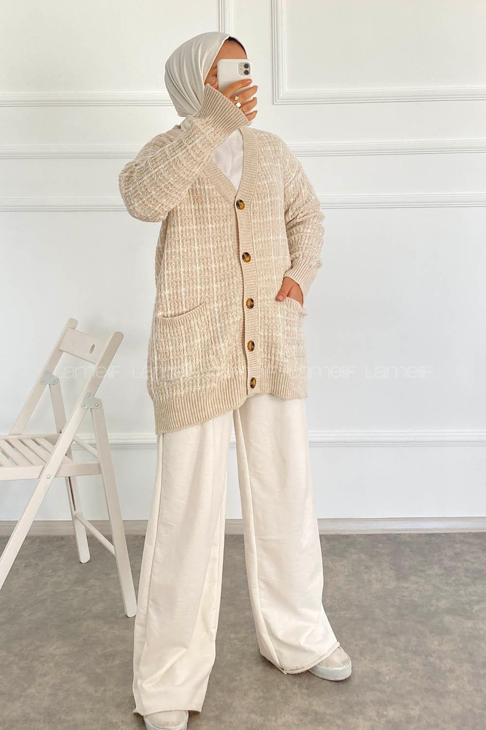 Modalamelif V Yaka Önü Boydan Düğmeli Çift CepliTriko Hırka Taş