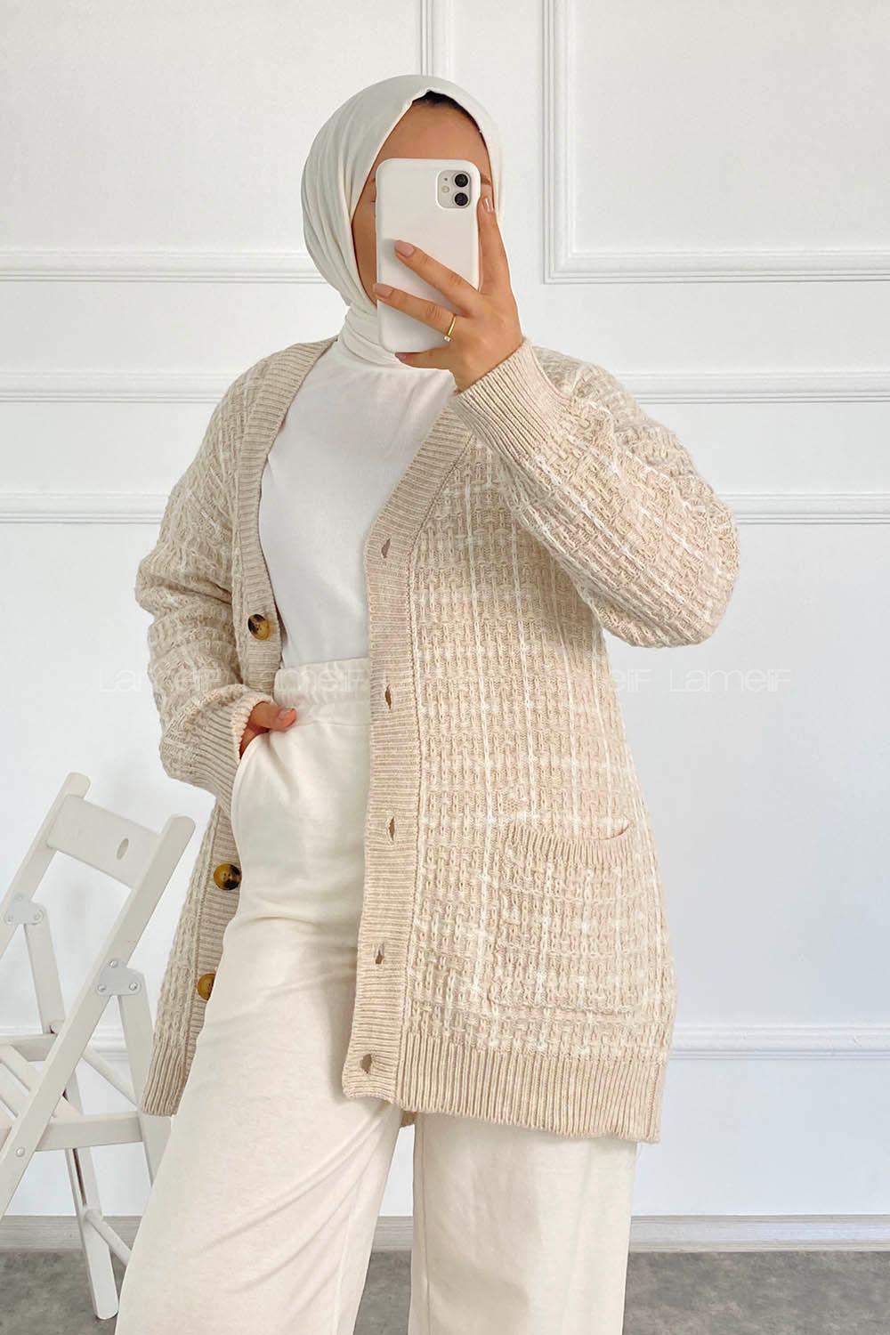 Modalamelif V Yaka Önü Boydan Düğmeli Çift CepliTriko Hırka Taş