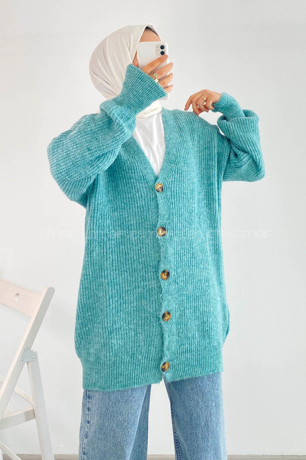 Modalamelif V Yaka Önü Boydan Düğmeli Triko Hırka Çağla Yeşili