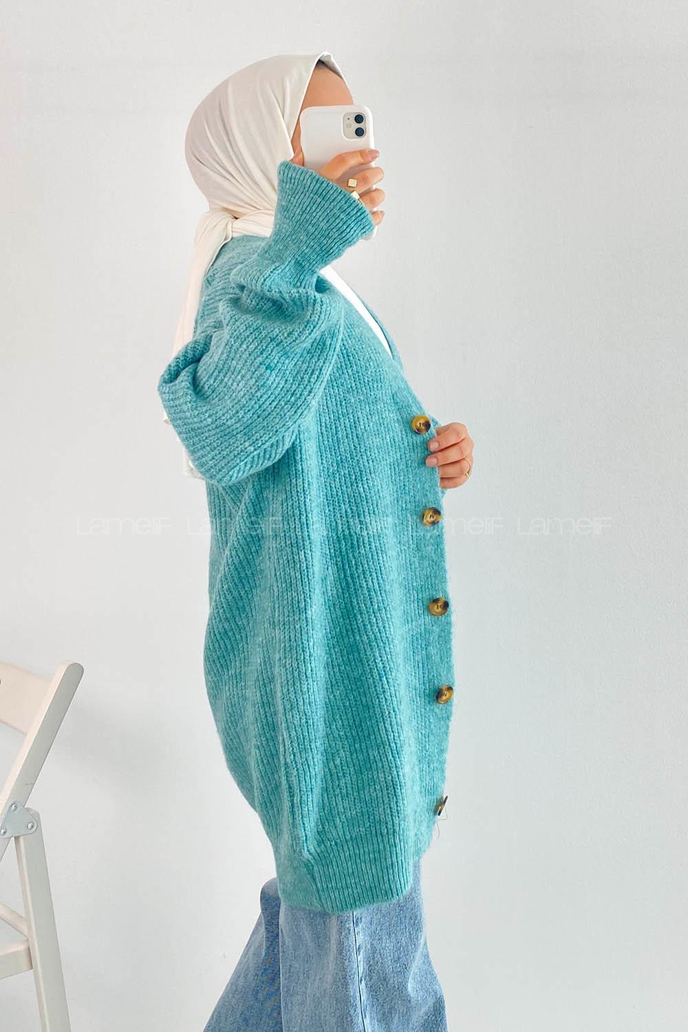 Modalamelif V Yaka Önü Boydan Düğmeli Triko Hırka Çağla Yeşili