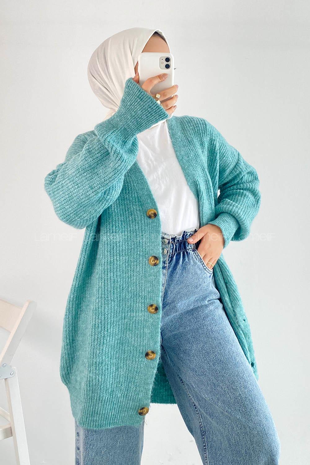 Modalamelif V Yaka Önü Boydan Düğmeli Triko Hırka Çağla Yeşili