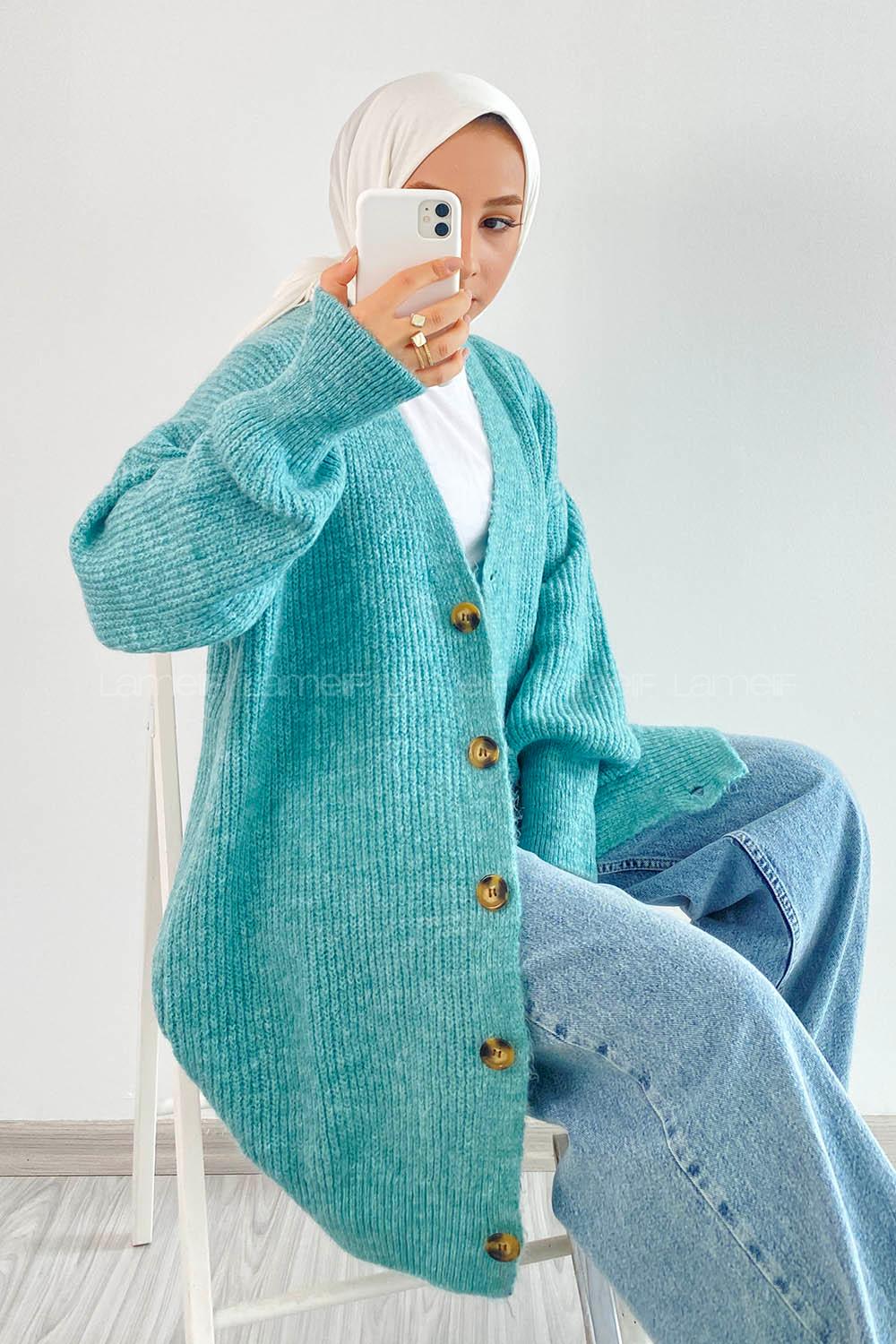 Modalamelif V Yaka Önü Boydan Düğmeli Triko Hırka Çağla Yeşili