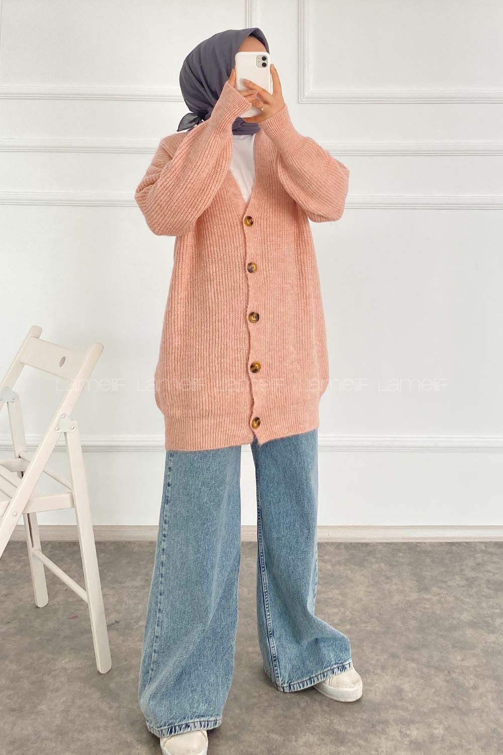 Modalamelif V Yaka Önü Boydan Düğmeli Triko Hırka Pudra