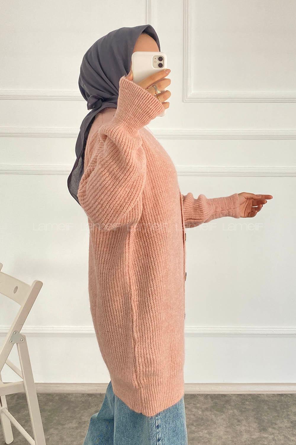 Modalamelif V Yaka Önü Boydan Düğmeli Triko Hırka Pudra