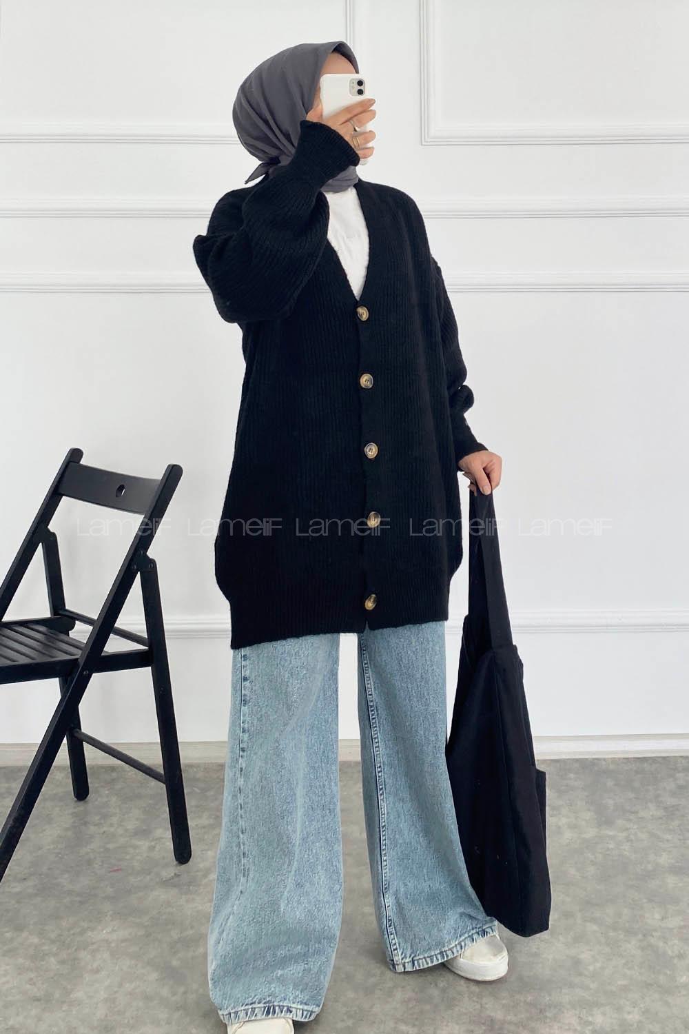 Modalamelif V Yaka Önü Boydan Düğmeli Triko Hırka Siyah