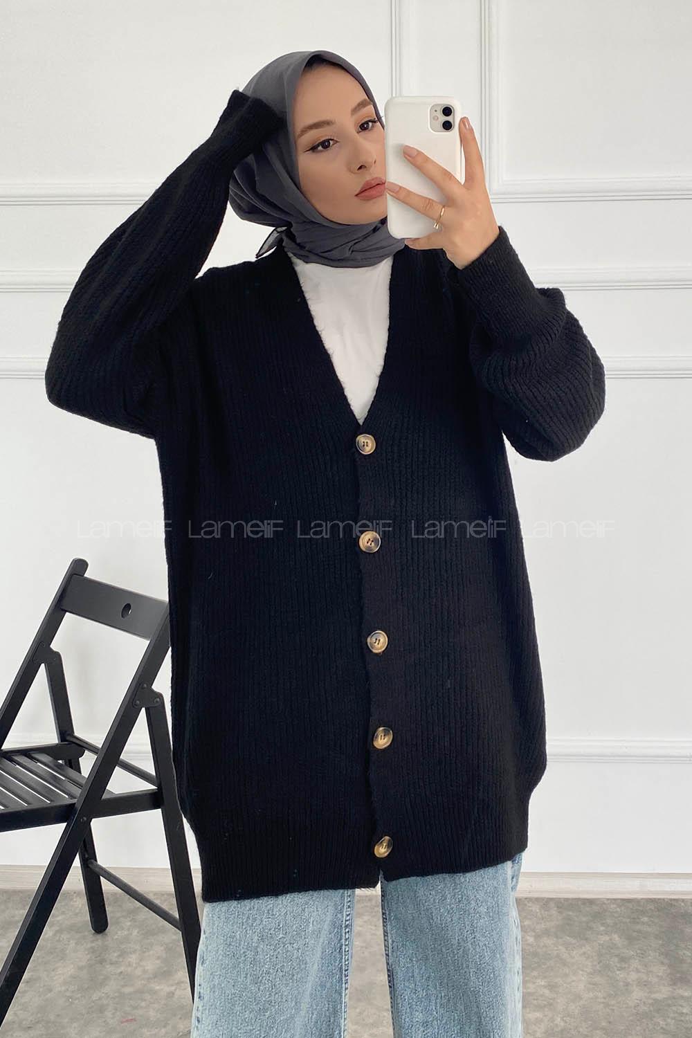 Modalamelif V Yaka Önü Boydan Düğmeli Triko Hırka Siyah