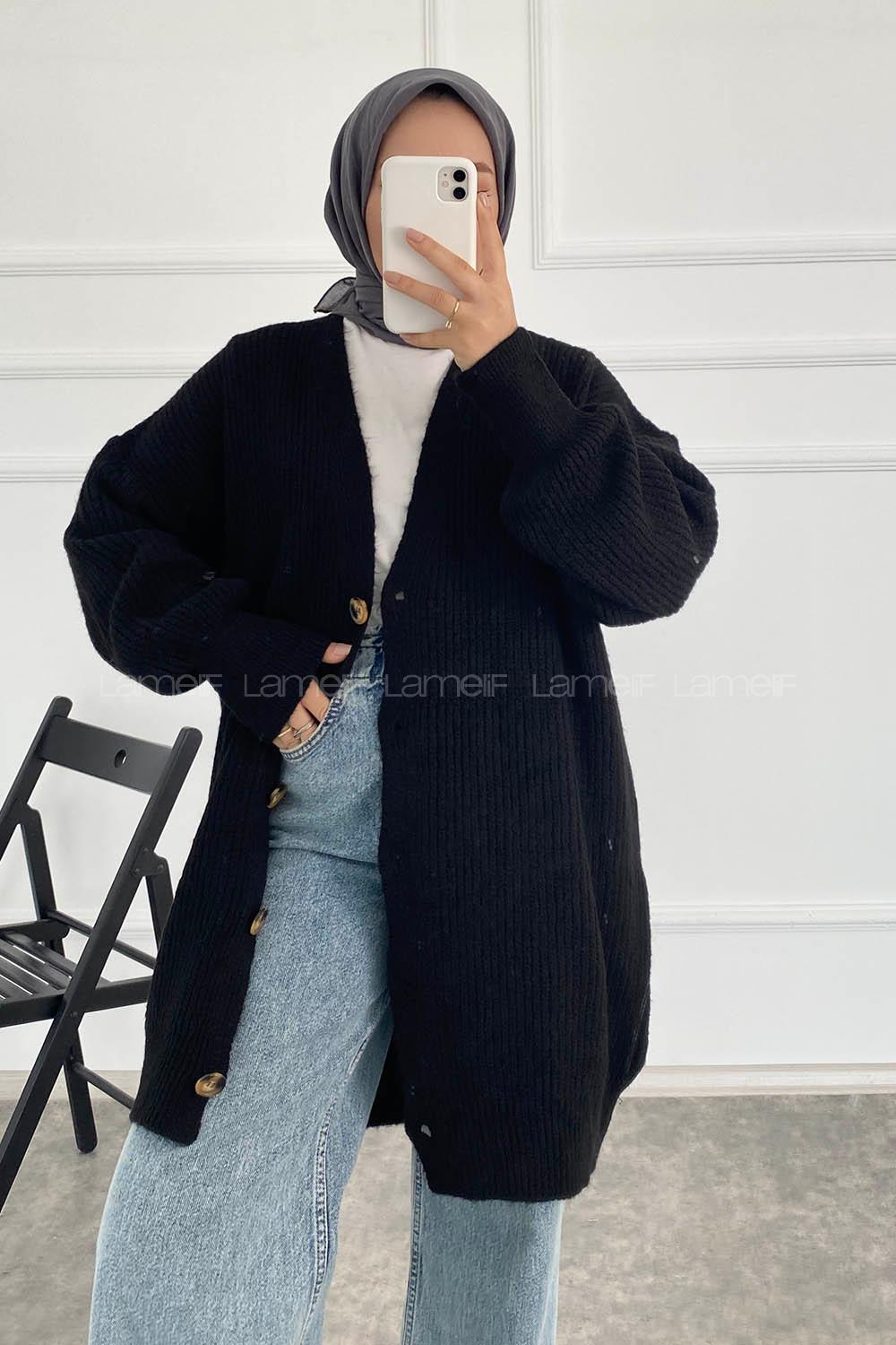 Modalamelif V Yaka Önü Boydan Düğmeli Triko Hırka Siyah