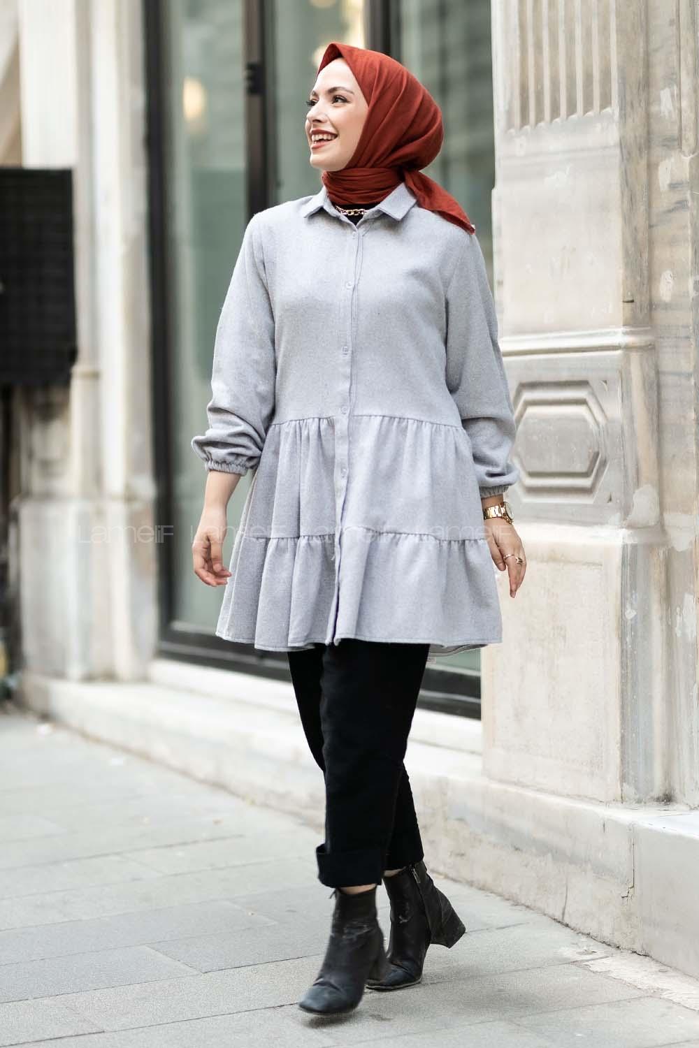 Modalamelif Önü Boydan Düğmeli Fırfırlı Oduncu Tunik Gri