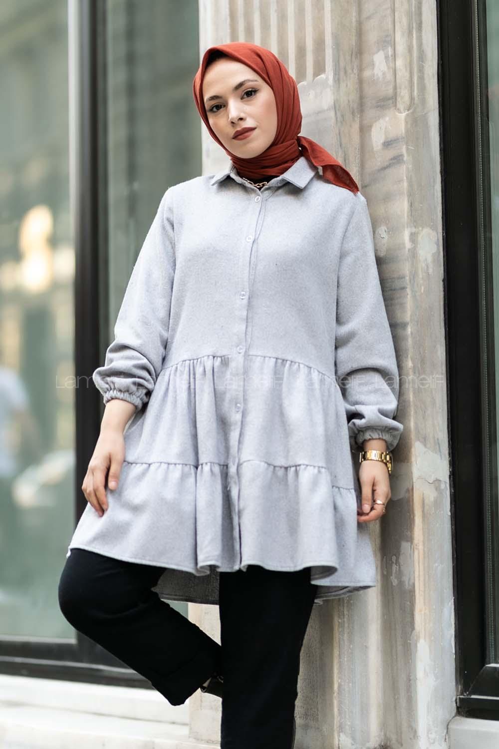 Modalamelif Önü Boydan Düğmeli Fırfırlı Oduncu Tunik Gri