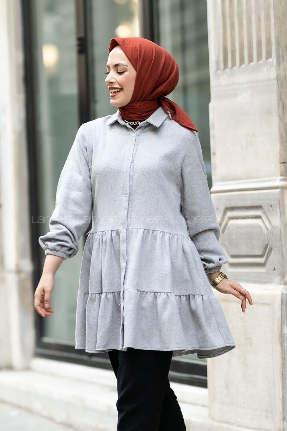 Modalamelif Önü Boydan Düğmeli Fırfırlı Oduncu Tunik Gri