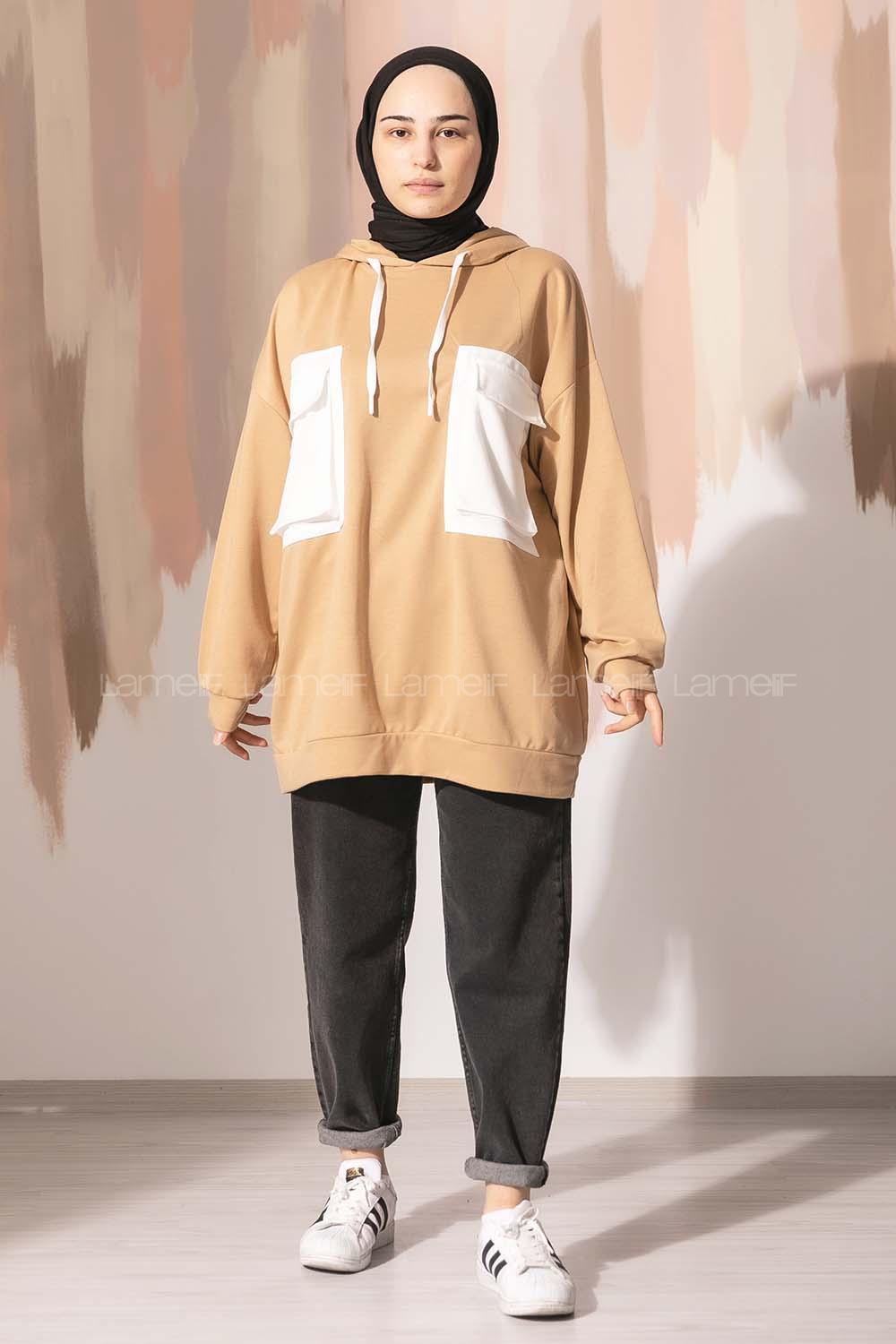 Modalamelif Cep Garnili Kapşonlu Tunik Sütlü Kahve-Beyaz