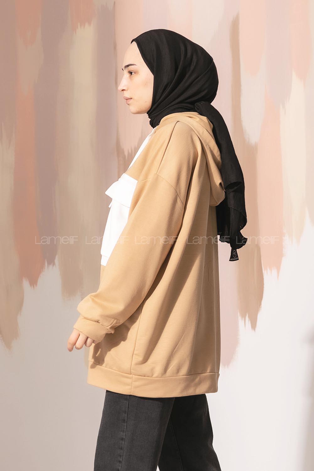 Modalamelif Cep Garnili Kapşonlu Tunik Sütlü Kahve-Beyaz