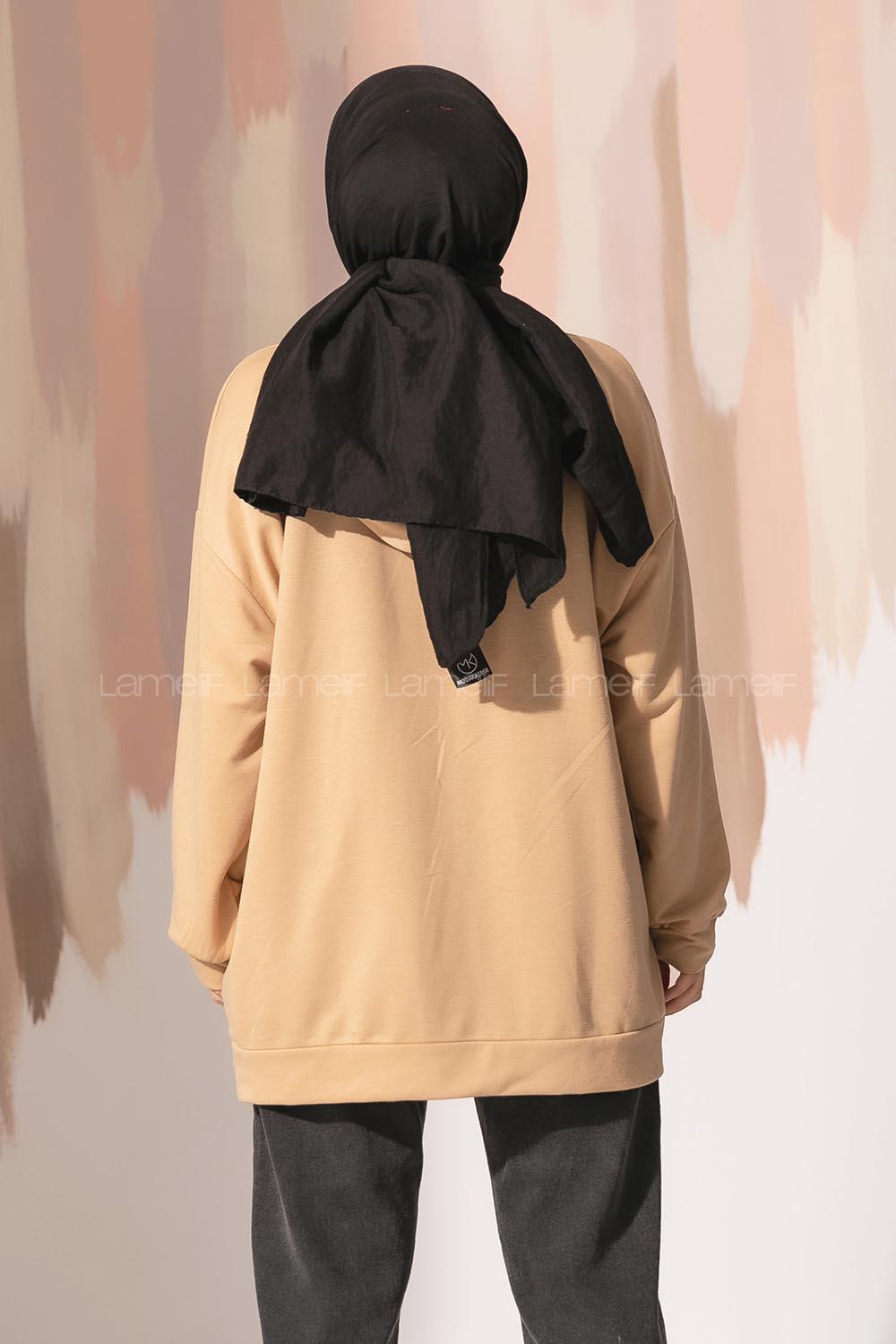 Modalamelif Cep Garnili Kapşonlu Tunik Sütlü Kahve-Beyaz