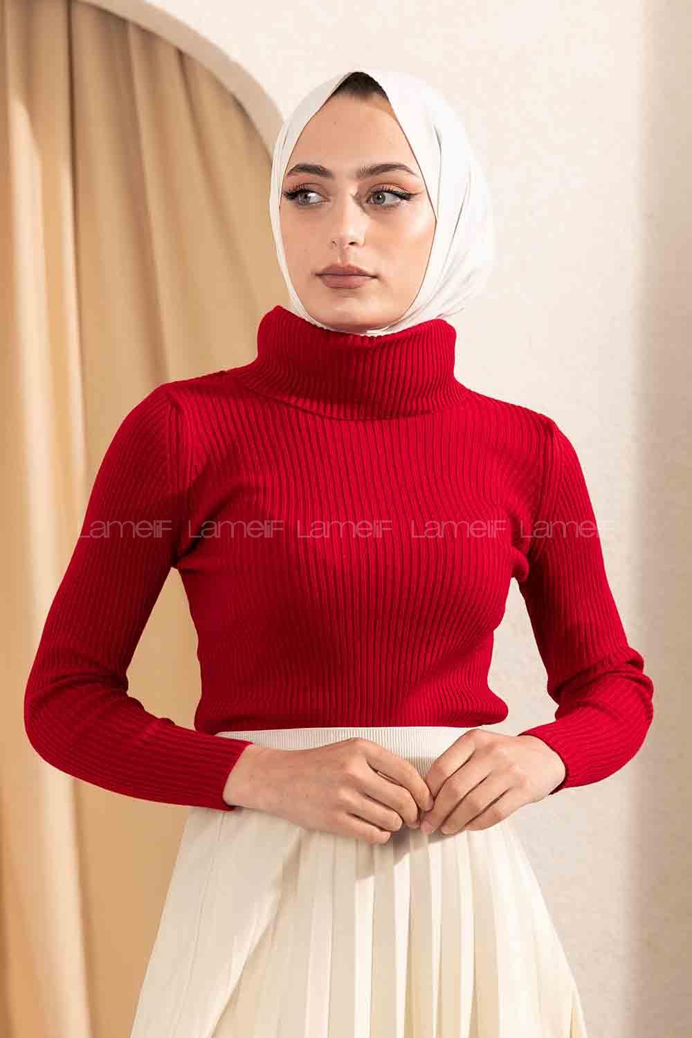 Modalamelif Fitilli Boğazlı Triko Kazak Kırmızı