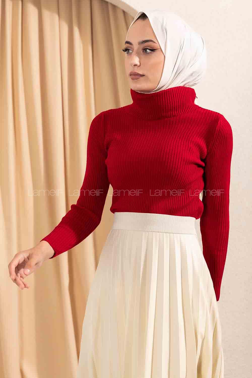 Modalamelif Fitilli Boğazlı Triko Kazak Kırmızı