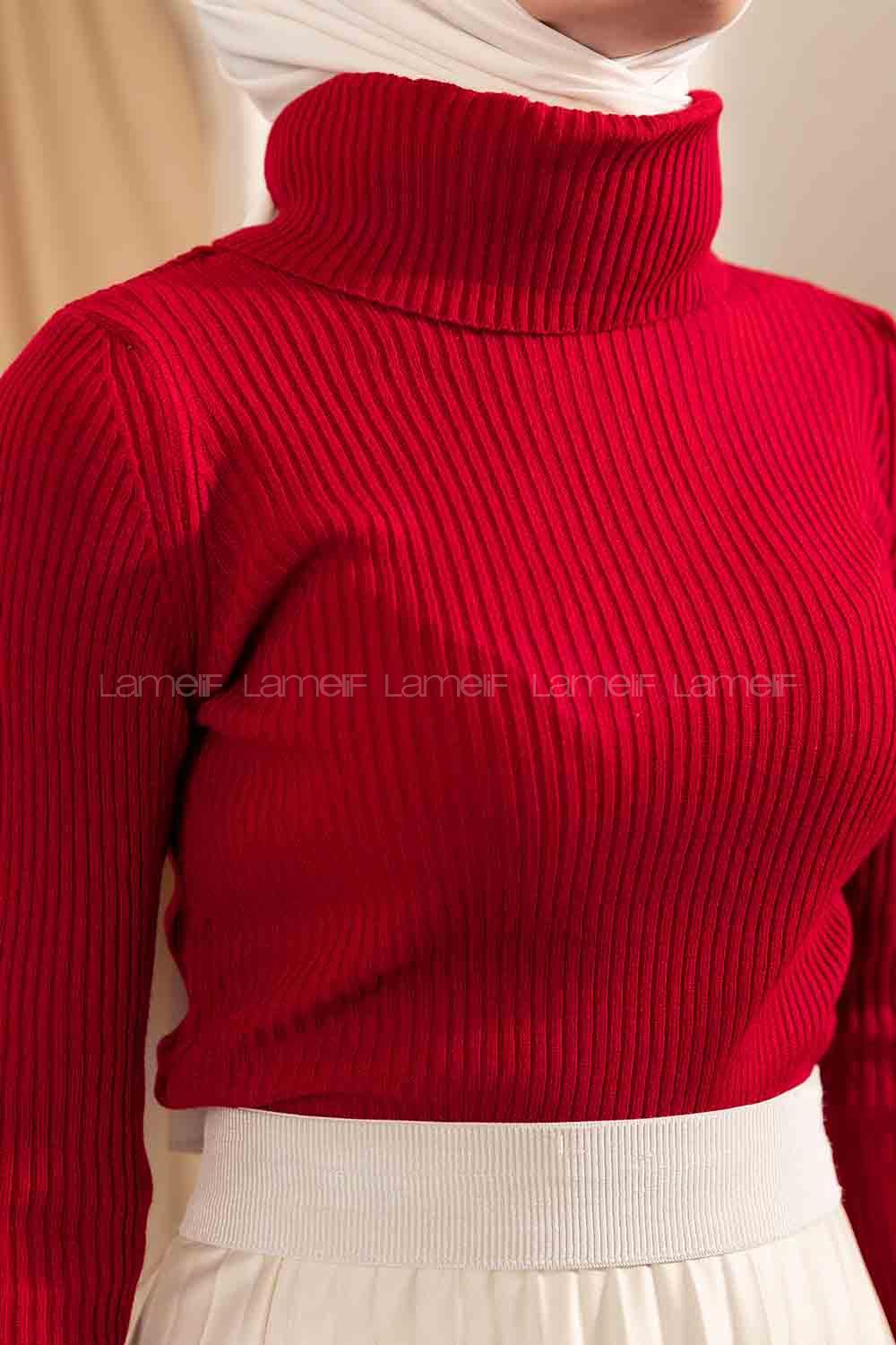 Modalamelif Fitilli Boğazlı Triko Kazak Kırmızı