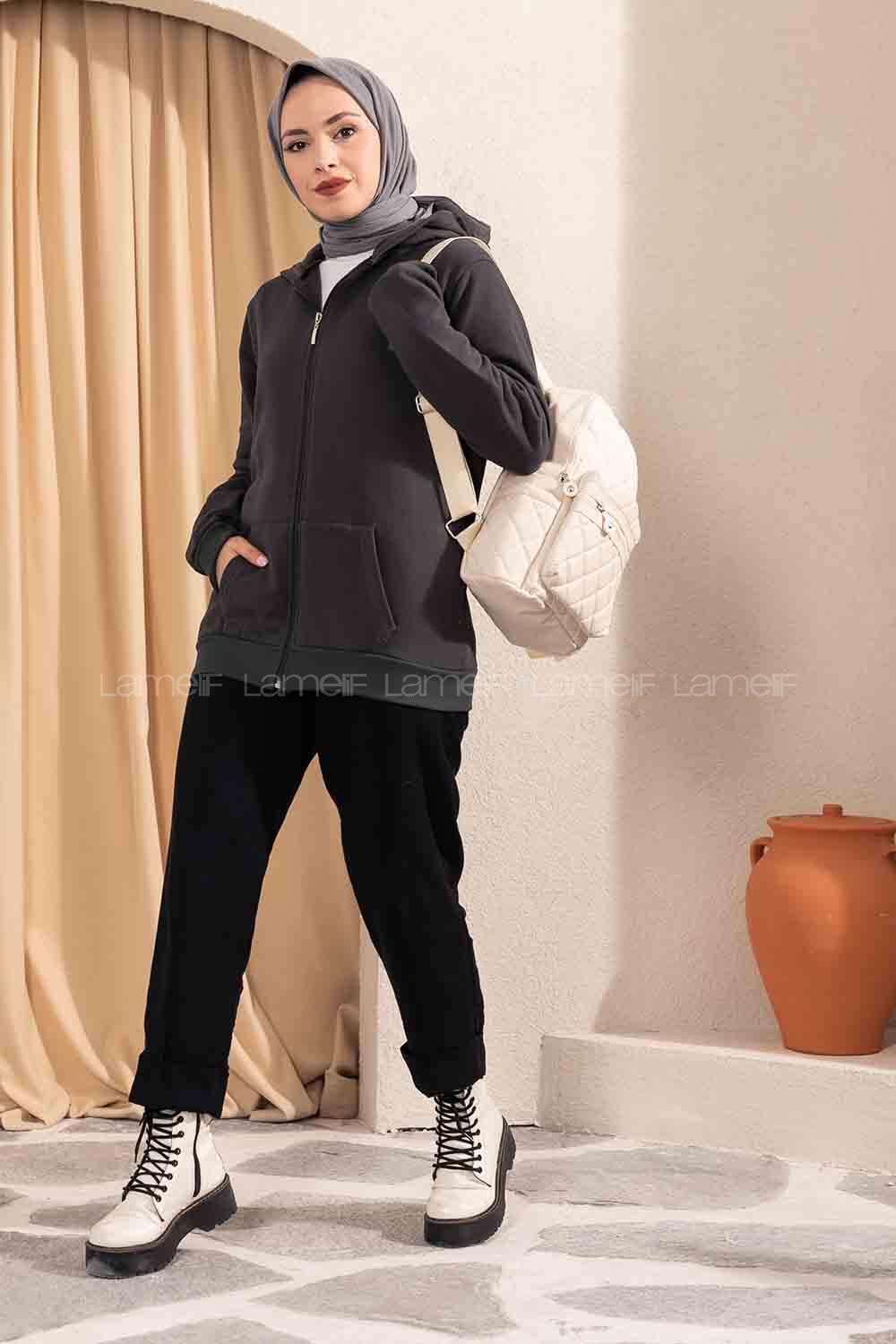 Modalamelif Önü Fermuarlı Kapşonlu Hırka Antrasit