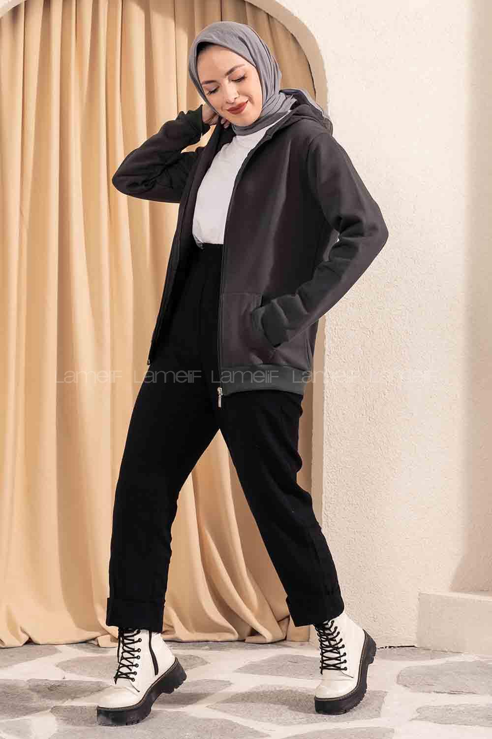 Modalamelif Önü Fermuarlı Kapşonlu Hırka Antrasit