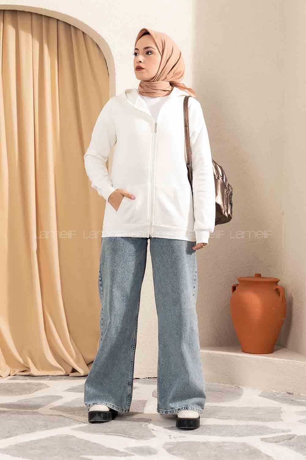 Modalamelif Önü Fermuarlı Kapşonlu Hırka Beyaz