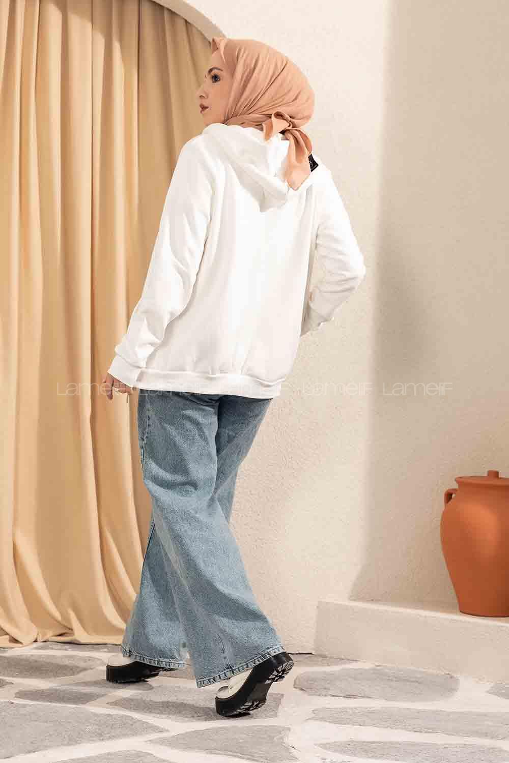 Modalamelif Önü Fermuarlı Kapşonlu Hırka Beyaz