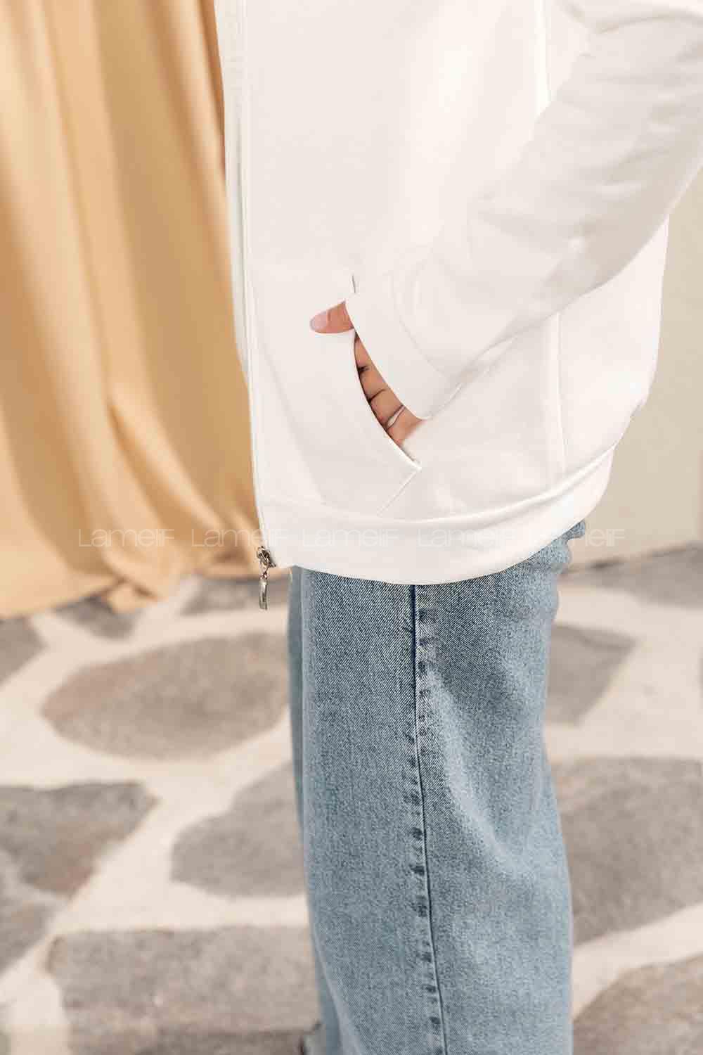 Modalamelif Önü Fermuarlı Kapşonlu Hırka Beyaz