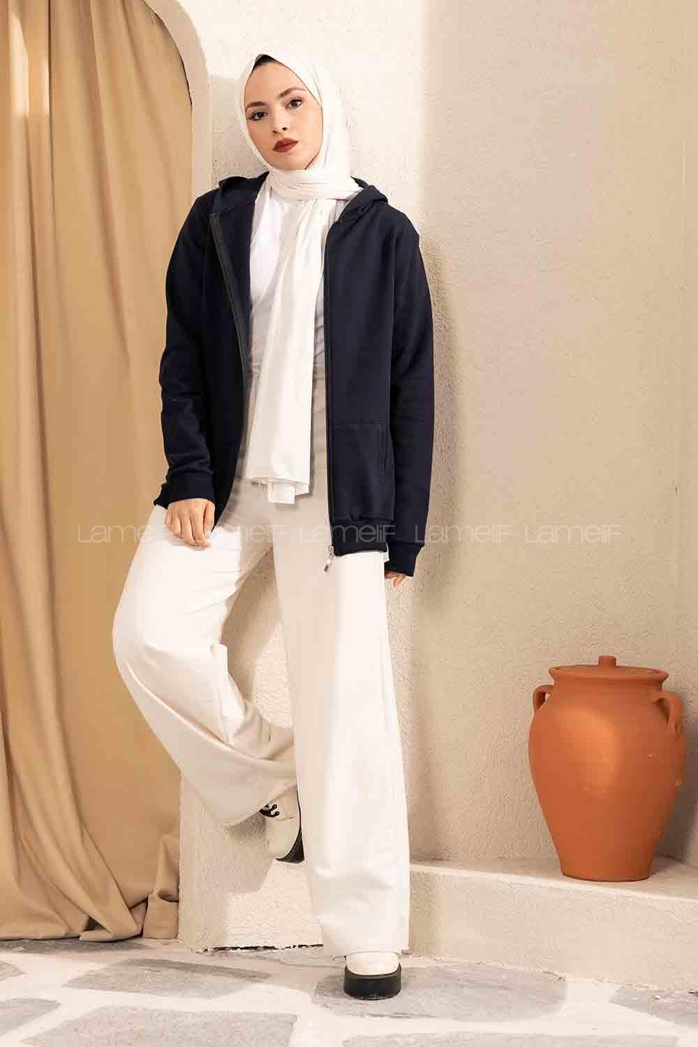 Modalamelif Önü Fermuarlı Kapşonlu Hırka Lacivert