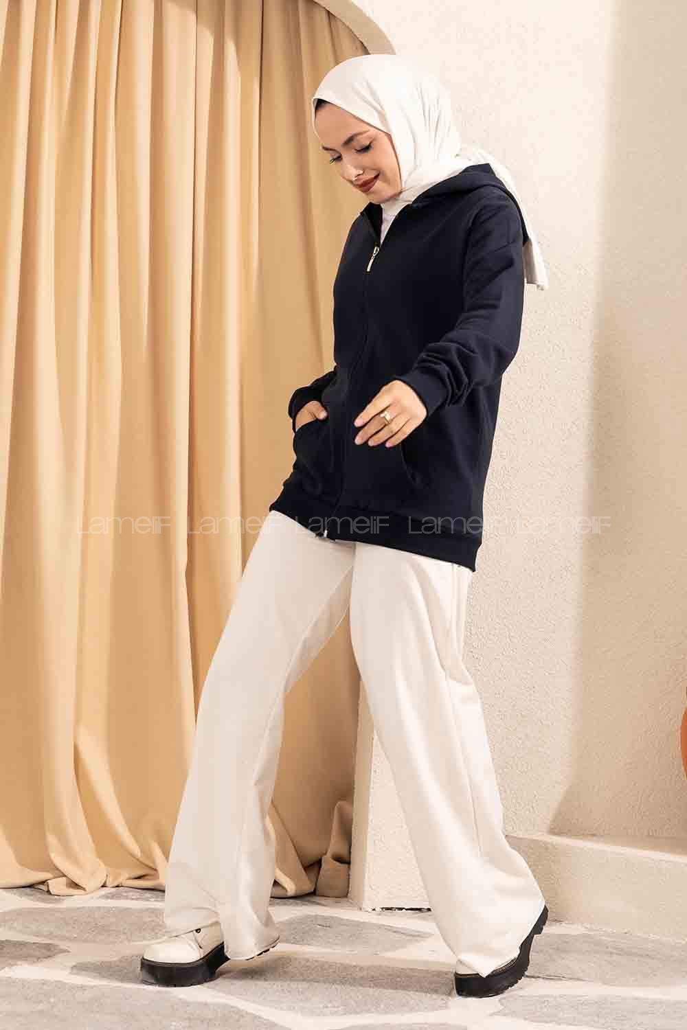 Modalamelif Önü Fermuarlı Kapşonlu Hırka Lacivert