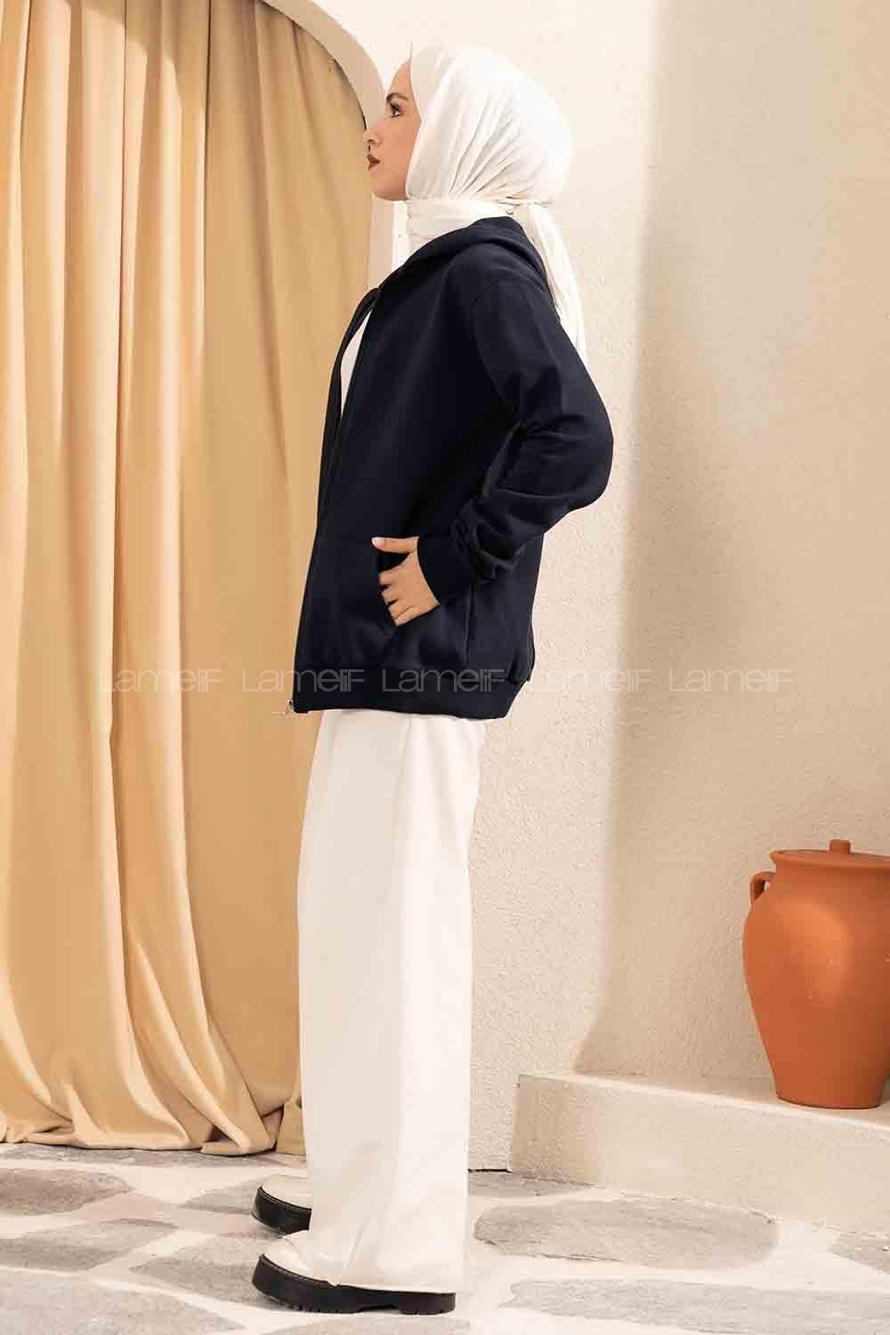 Modalamelif Önü Fermuarlı Kapşonlu Hırka Lacivert