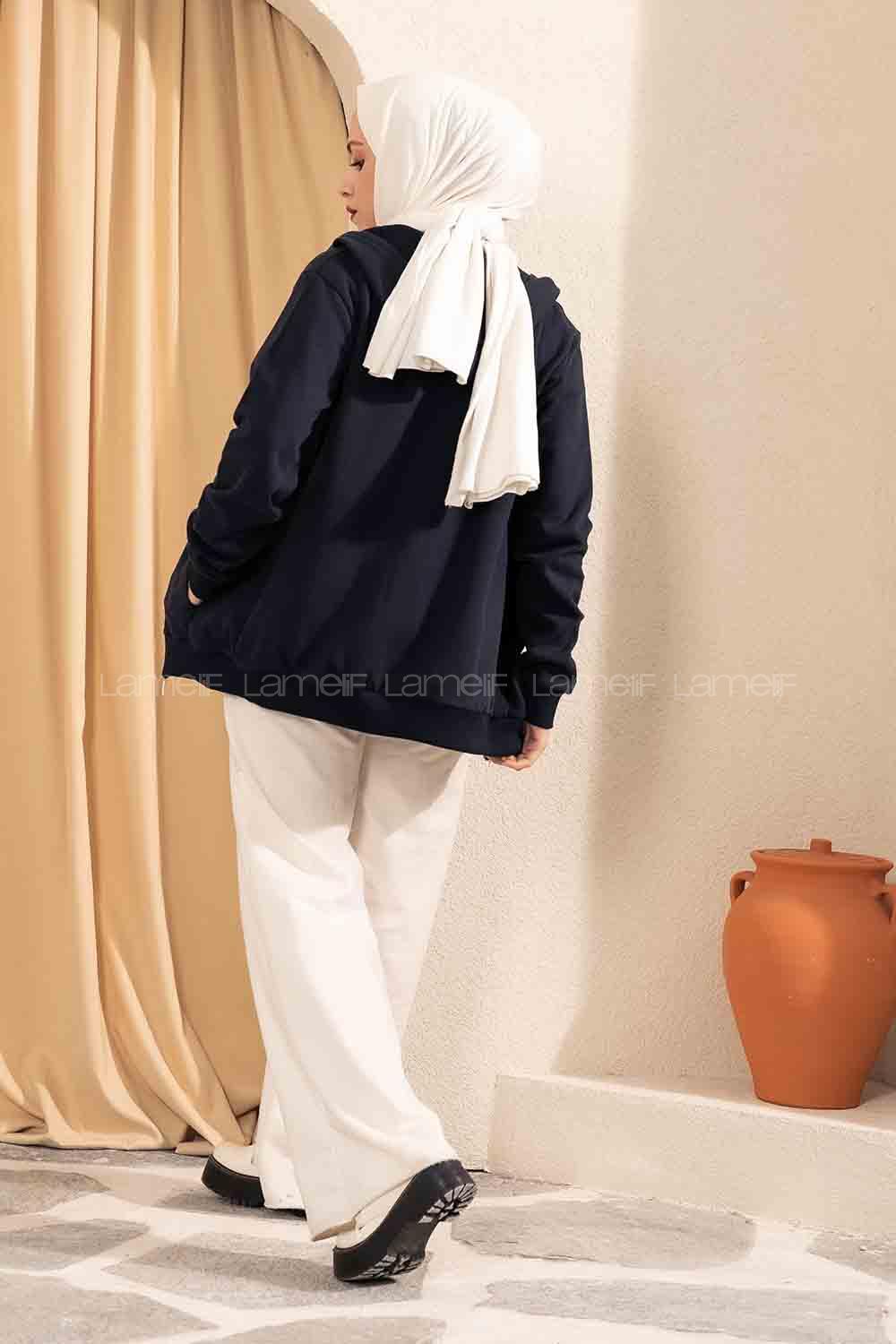 Modalamelif Önü Fermuarlı Kapşonlu Hırka Lacivert