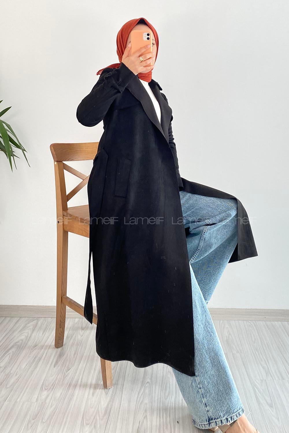 Lamelif Kuşak Bağlamalı Omuz Apoletli Süet Trenç Siyah