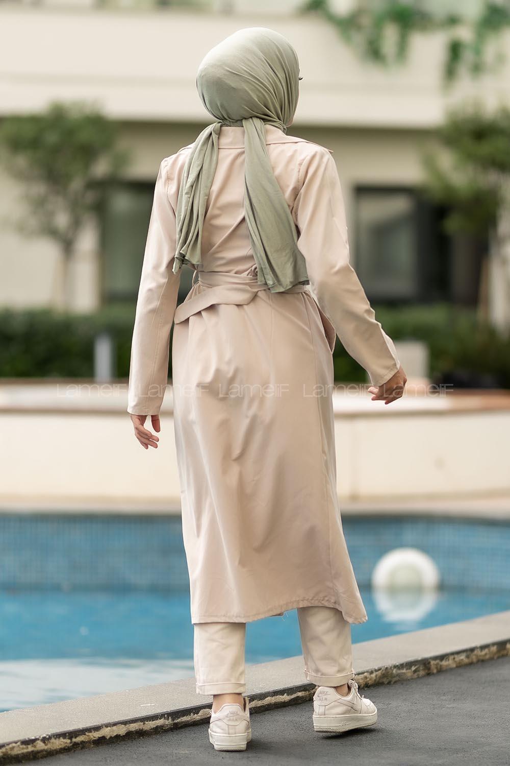 Modalamelif Beli Kuşak Bağlamalı Çift Cepli Önü Düğmeli Trenç Taş