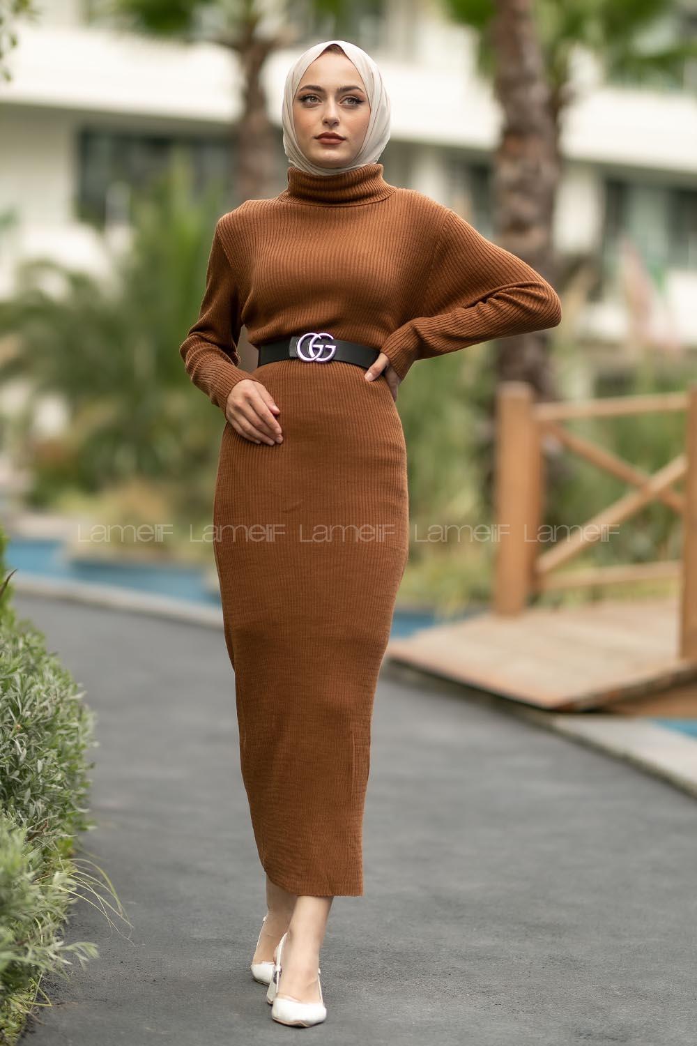 Modalamelif Fitilli Boğazlı Triko Elbise Kahverengi