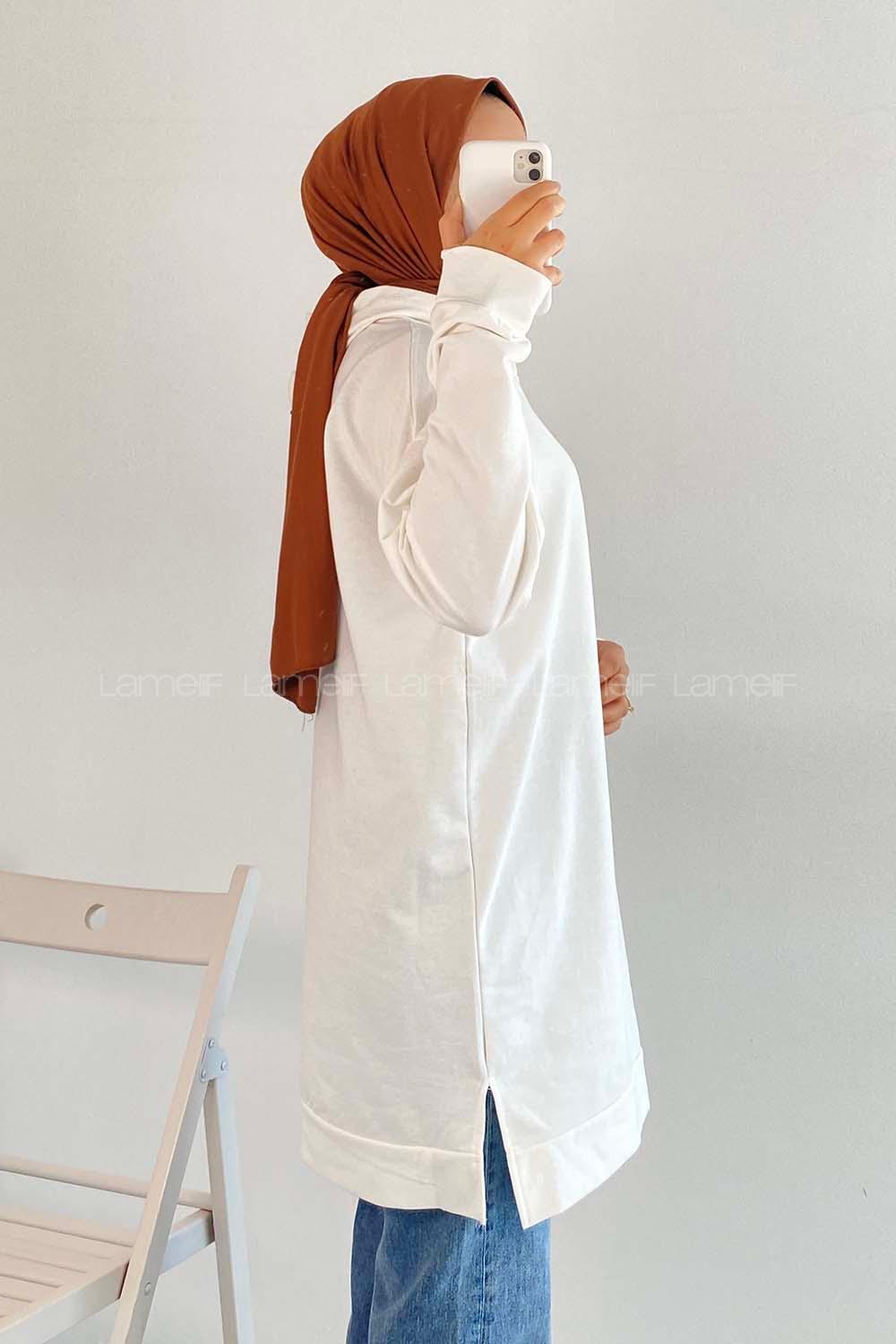 Modalamelif  Kapüşon Detaylı Kaplan Nakışlı Yanı Yırtmaçlı Tunik Ekru