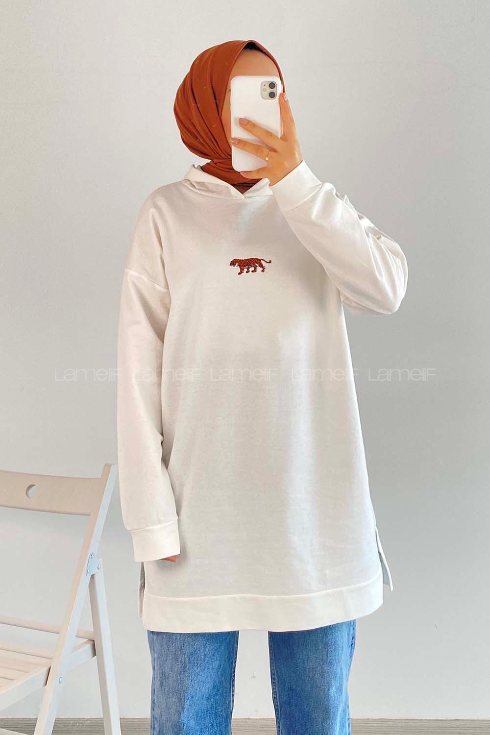 Modalamelif  Kapüşon Detaylı Kaplan Nakışlı Yanı Yırtmaçlı Tunik Ekru