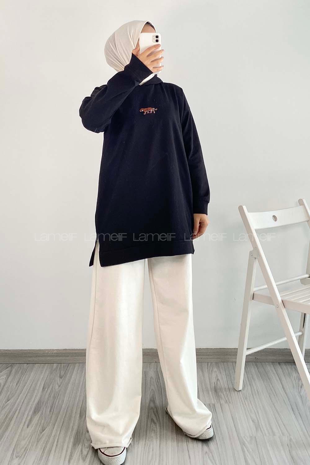 Modalamelif  Kapüşon Detaylı Kaplan Nakışlı Yanı Yırtmaçlı Tunik Siyah