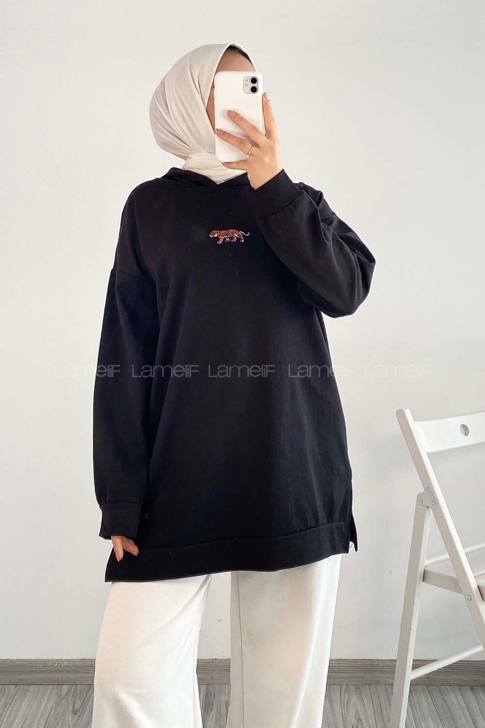 Modalamelif  Kapüşon Detaylı Kaplan Nakışlı Yanı Yırtmaçlı Tunik Siyah