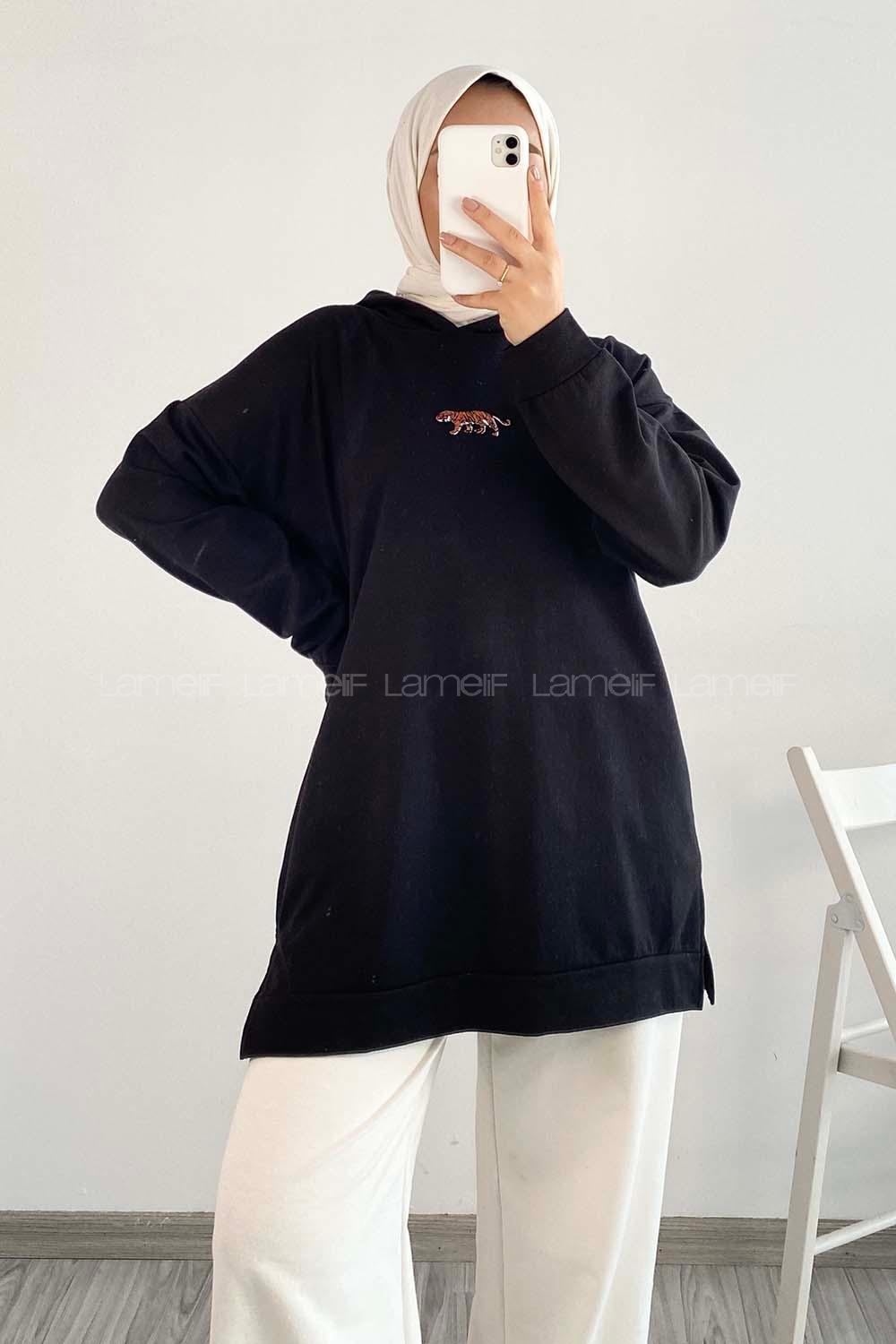 Modalamelif  Kapüşon Detaylı Kaplan Nakışlı Yanı Yırtmaçlı Tunik Siyah