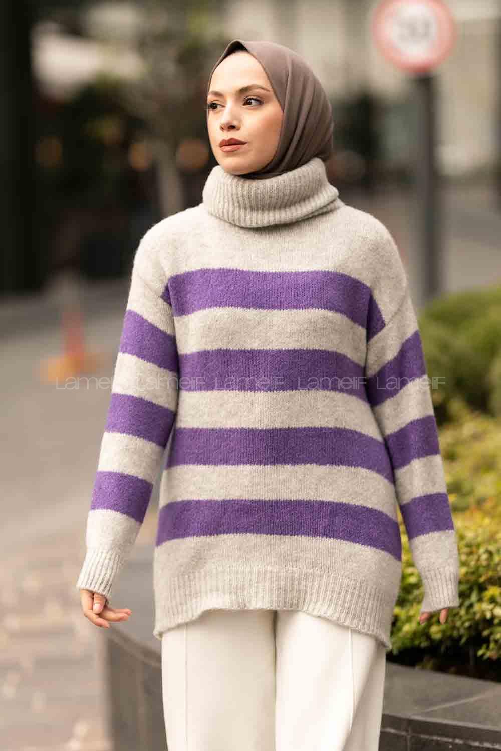 Modalamelif Balıkçı Yaka Şerit Desenli Renk Garnili Triko Kazak Gri-Mor