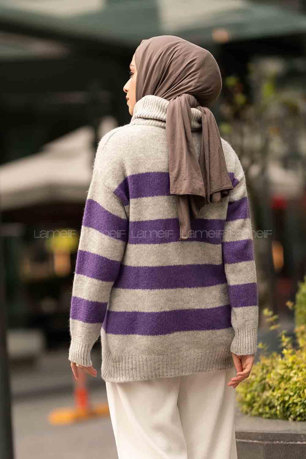 Modalamelif Balıkçı Yaka Şerit Desenli Renk Garnili Triko Kazak Gri-Mor