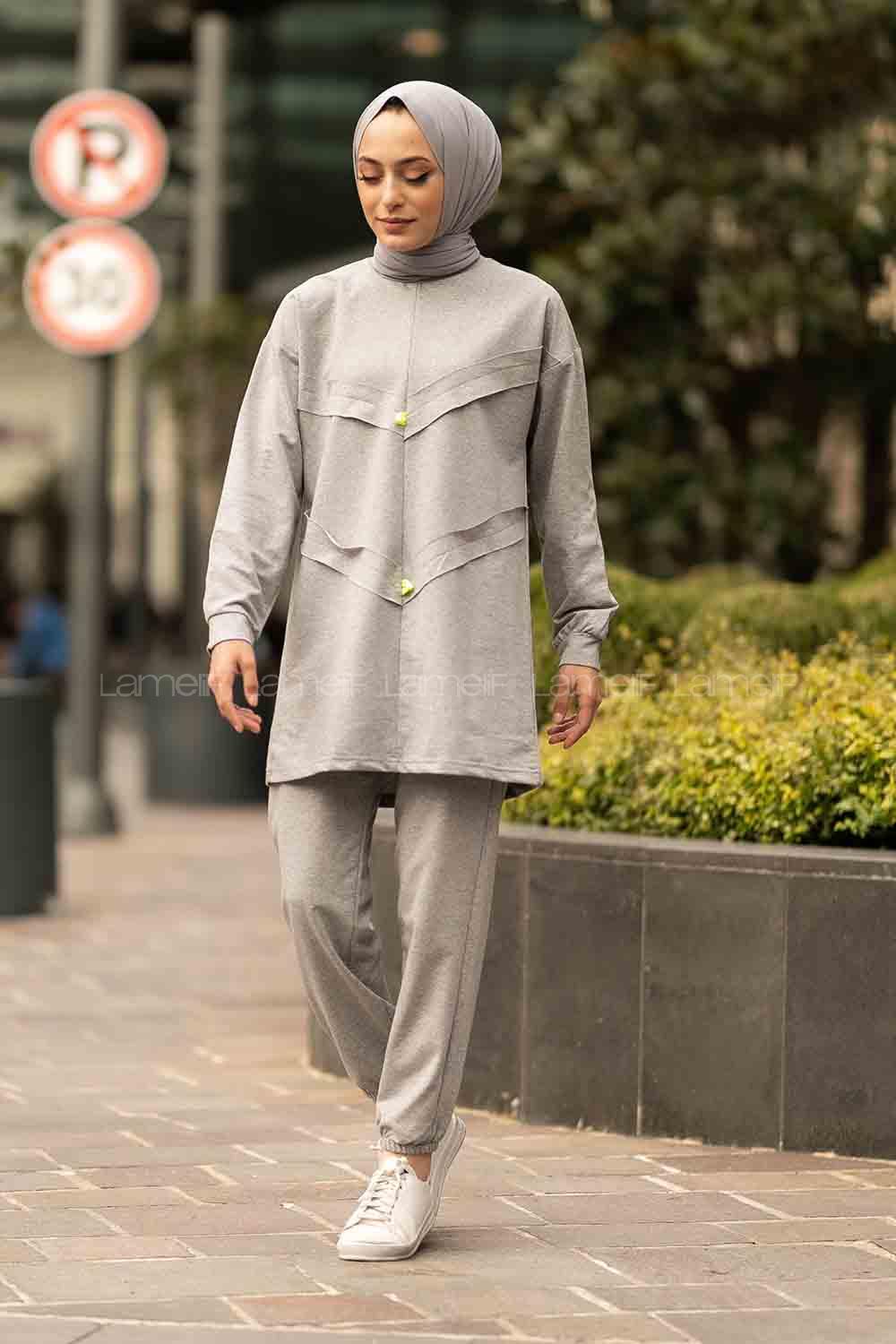 Modalamelif Bisiklet Yaka Asimetrik Desen Dar Paça İkili Takım Gri