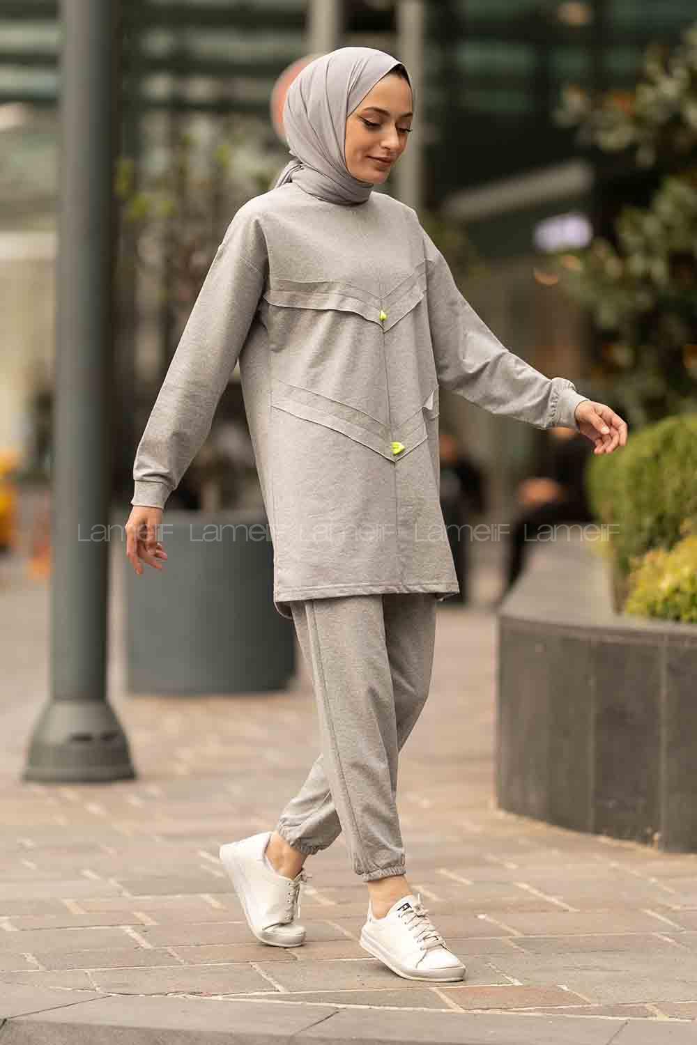 Modalamelif Bisiklet Yaka Asimetrik Desen Dar Paça İkili Takım Gri