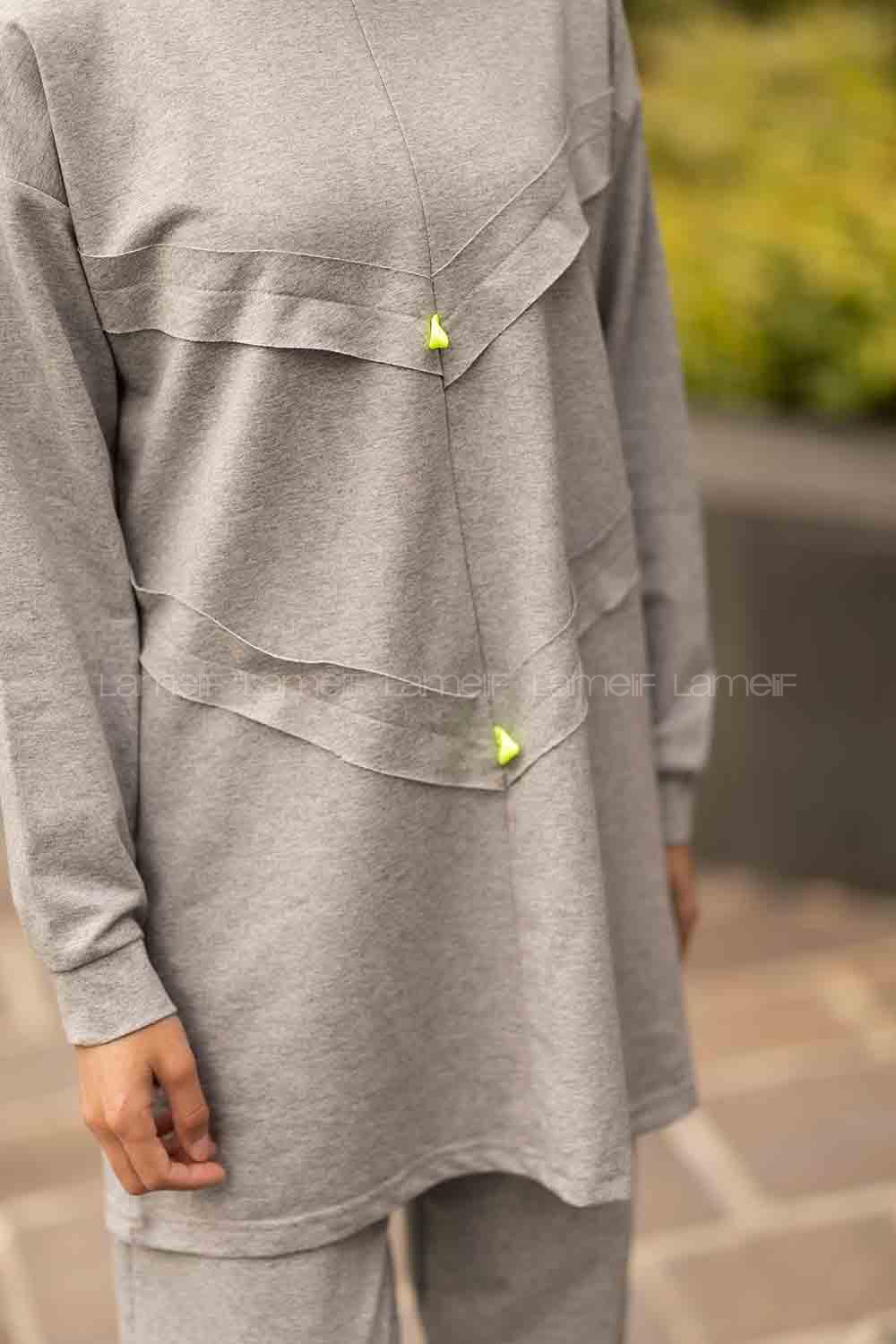 Modalamelif Bisiklet Yaka Asimetrik Desen Dar Paça İkili Takım Gri