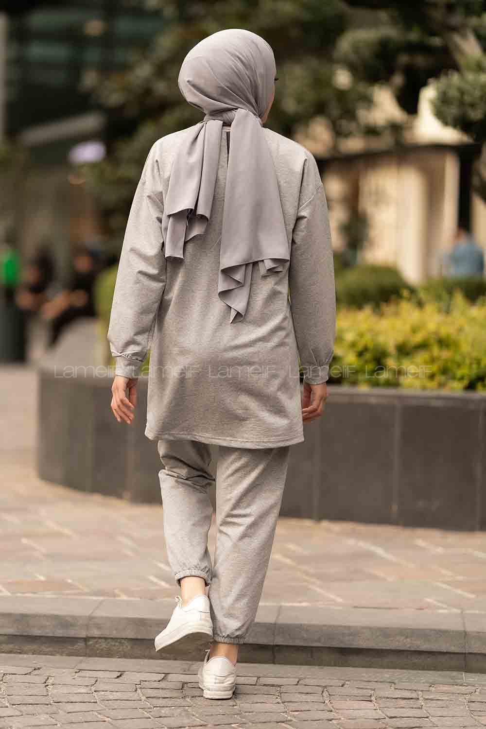 Modalamelif Bisiklet Yaka Asimetrik Desen Dar Paça İkili Takım Gri