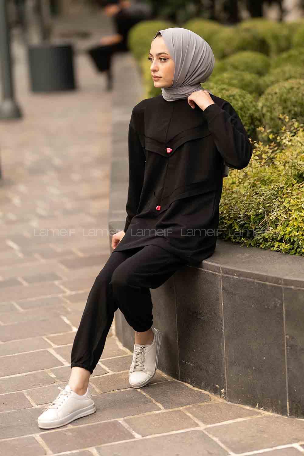 Modalamelif Bisiklet Yaka Asimetrik Desen Dar Paça İkili Takım Siyah