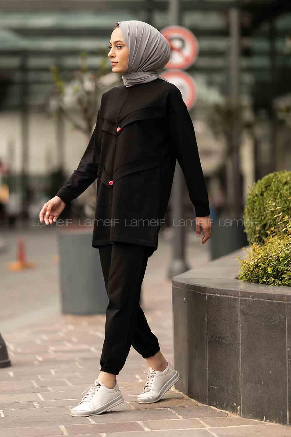 Modalamelif Bisiklet Yaka Asimetrik Desen Dar Paça İkili Takım Siyah