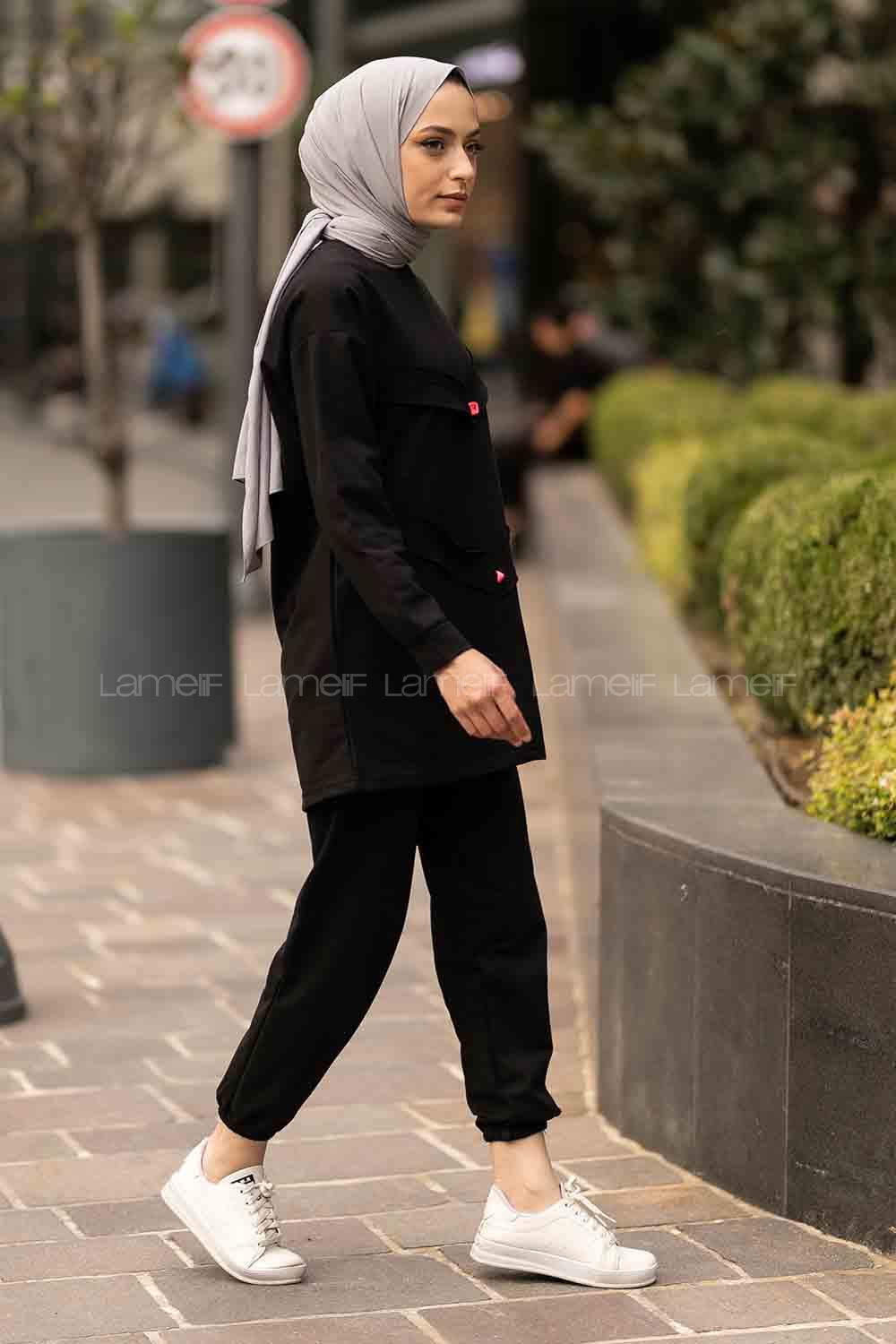 Modalamelif Bisiklet Yaka Asimetrik Desen Dar Paça İkili Takım Siyah