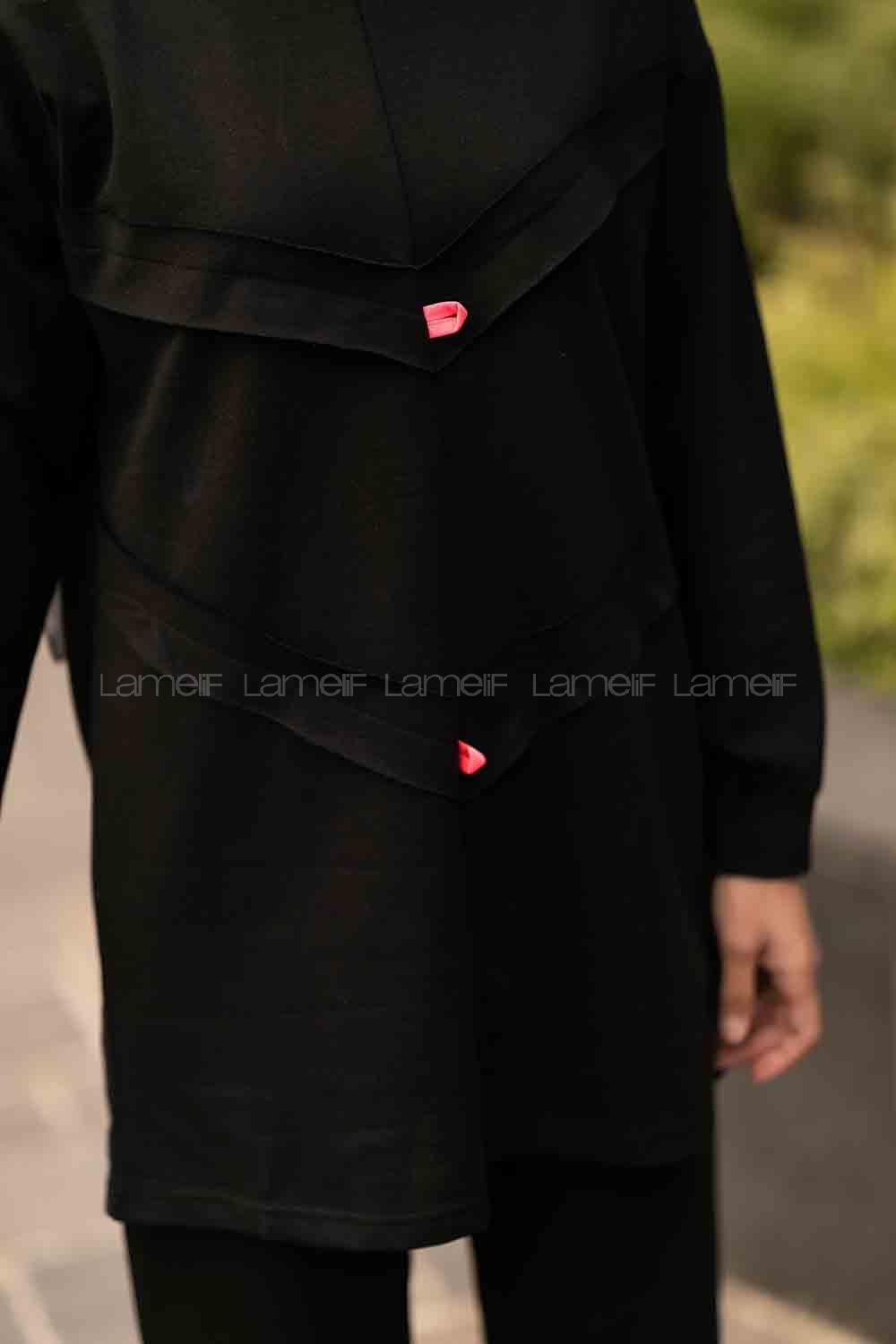 Modalamelif Bisiklet Yaka Asimetrik Desen Dar Paça İkili Takım Siyah