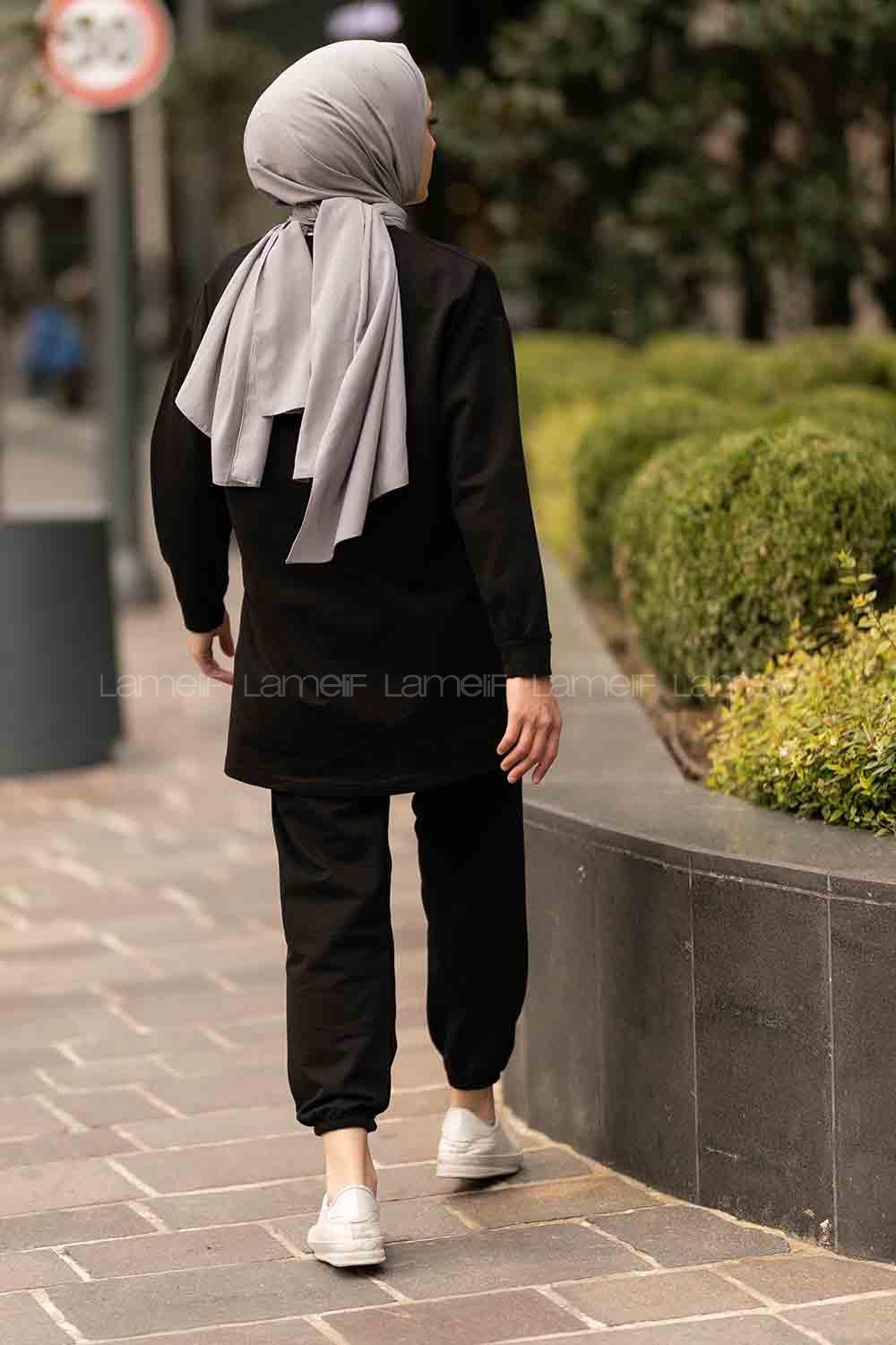 Modalamelif Bisiklet Yaka Asimetrik Desen Dar Paça İkili Takım Siyah